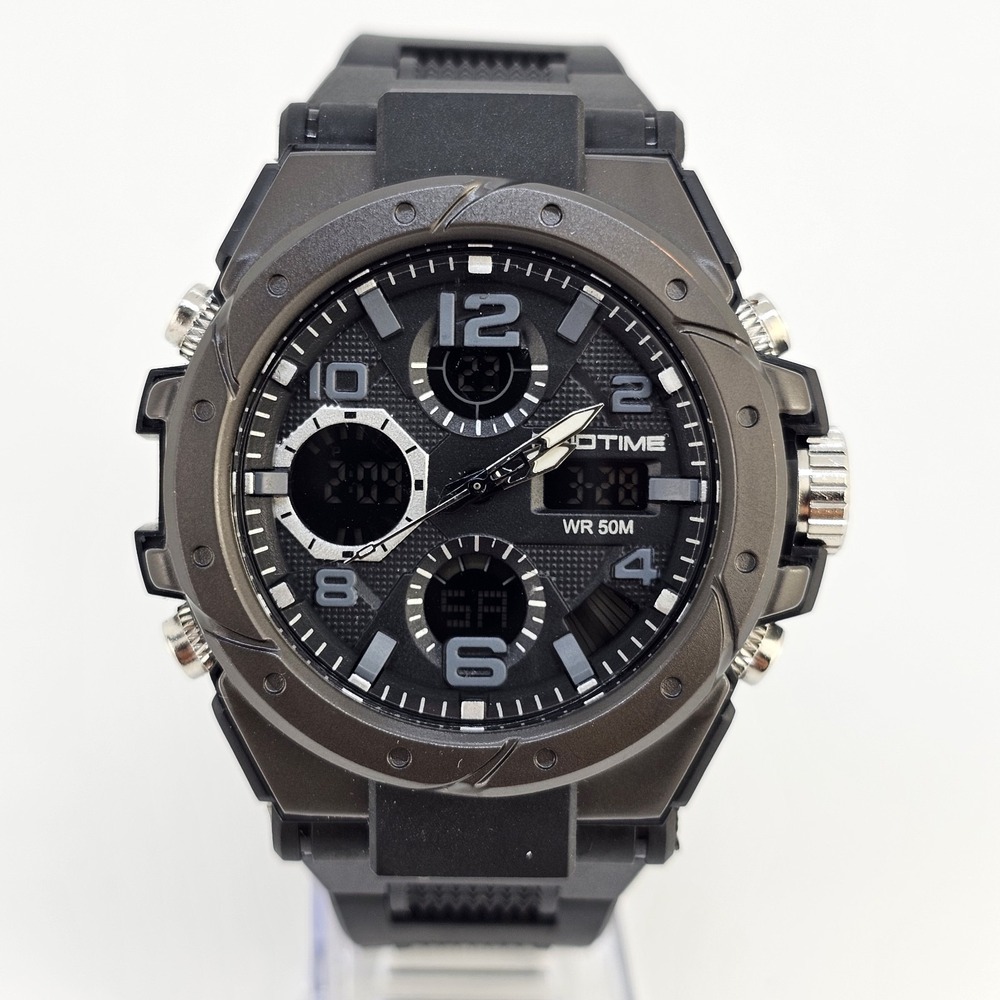 Findtime Men's Analog Digital Sports Watch 45MM Black Plastic Bands New Battery